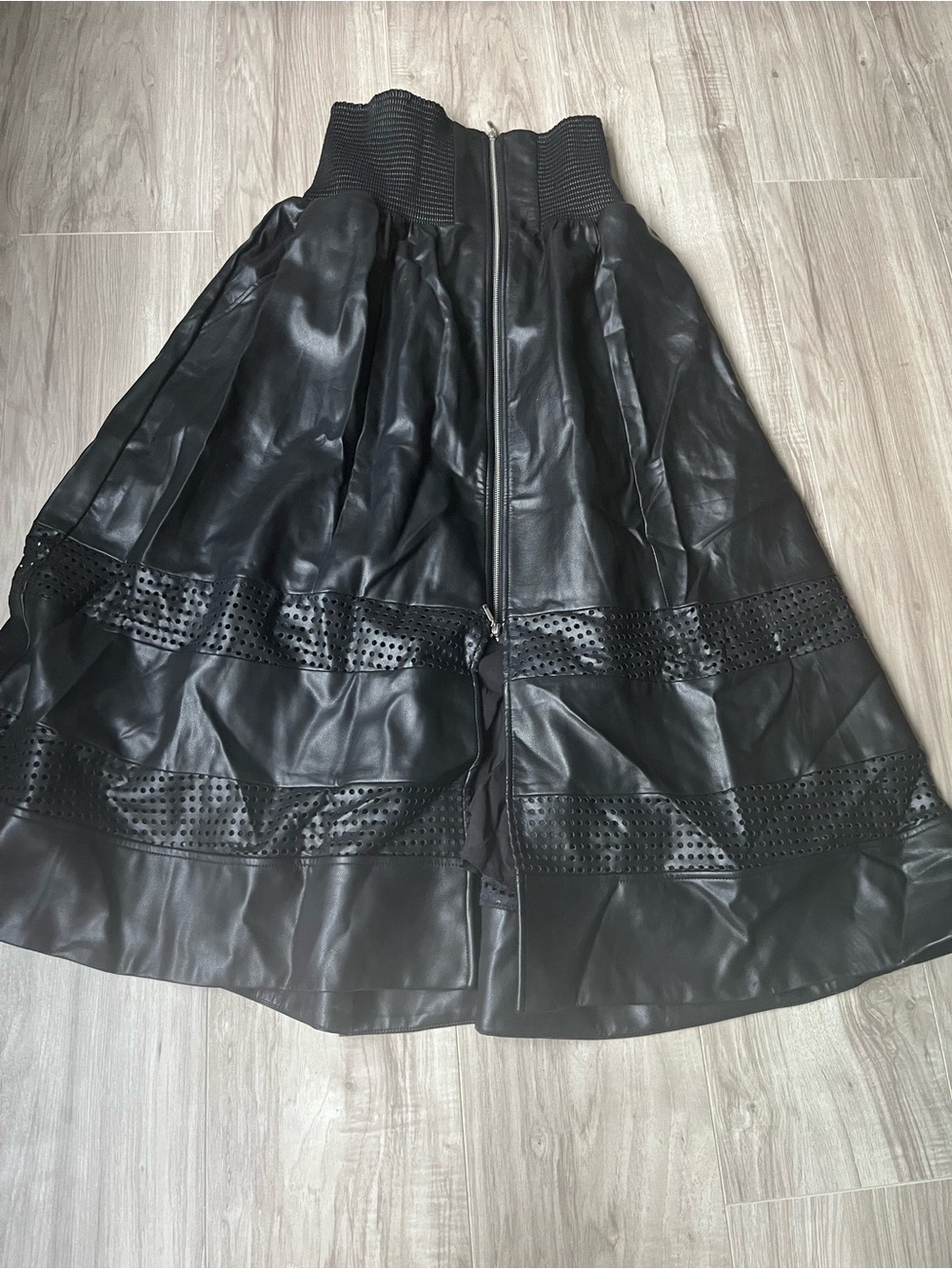 Maeve High-Waist Black Faux Leather A-Line Midi Skirt